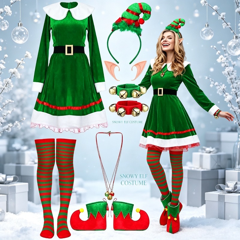 Elf Costume Christmas - Set Kostum Elf Natal Wanita, Gaun