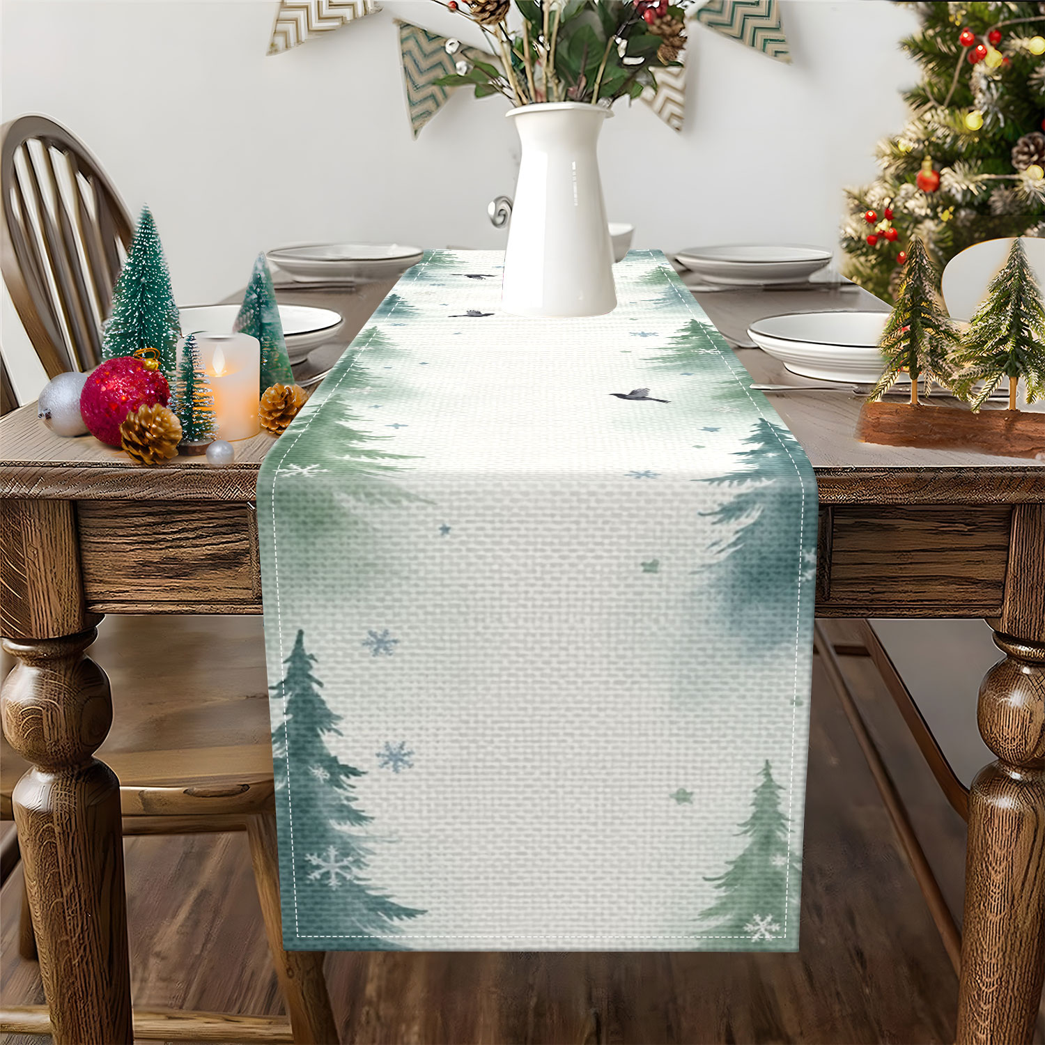 1 buah taplak meja bertema hut - Christmas Table Runner ulasan dan harga
